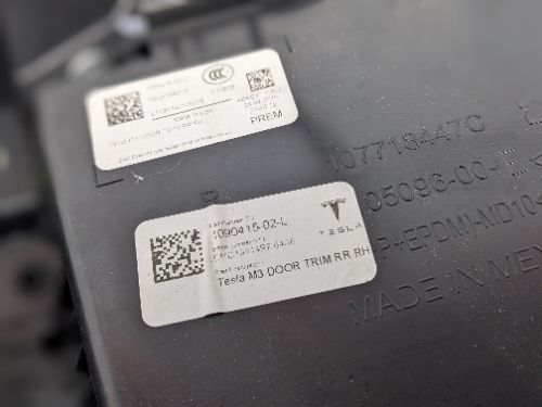 TESLA Model 3 DOOR PANEL CARD REAR RIGHT white 2019-2024